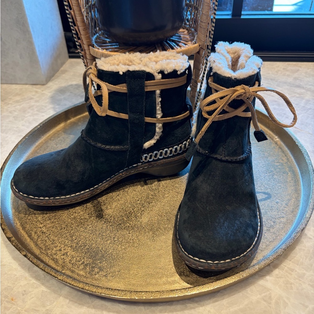 UGG Black Suede Shearling Ankle Boots | Wrap Strap | Women’s 7